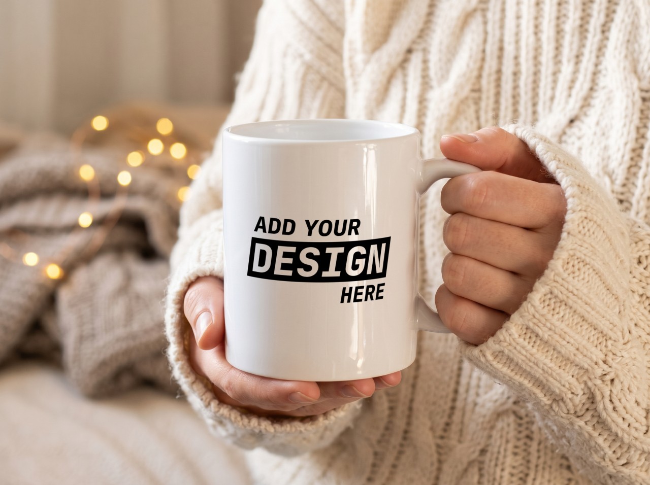 White Mug Mockup Held in Hands in Cream Knit Sweater Sleeves