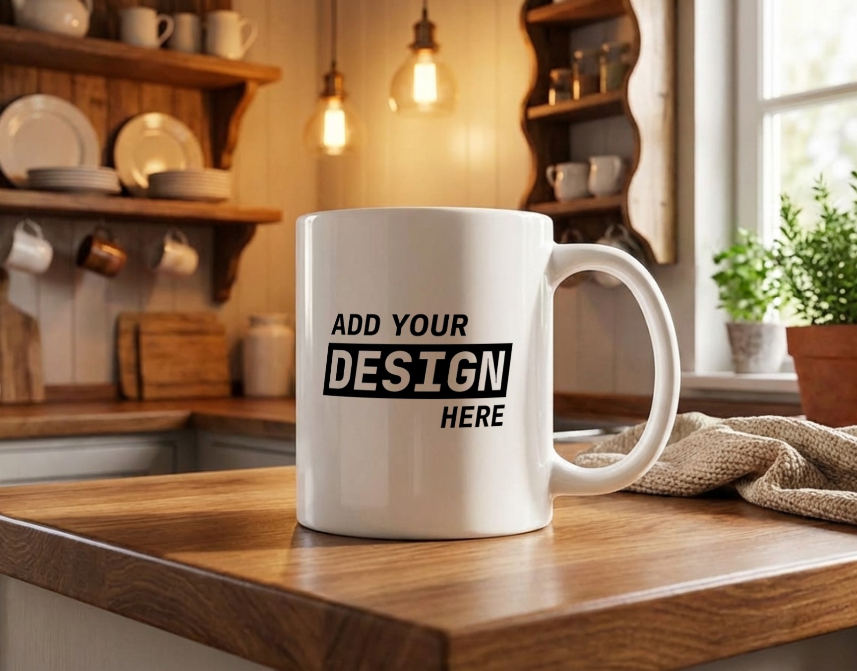 Coffee Mug Mockup on Wooden Kitchen Counter