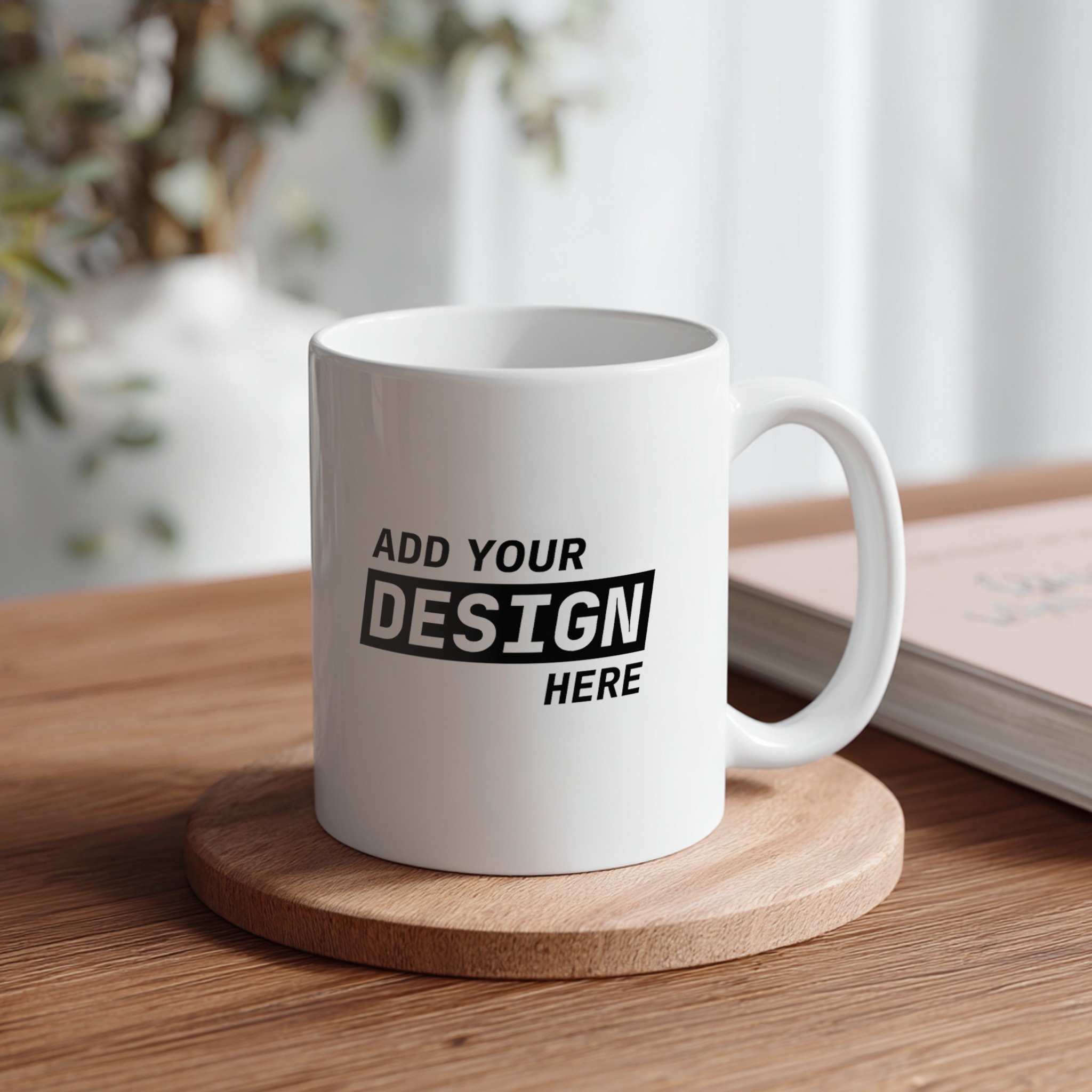 White Mug Mockup on Wooden Desk