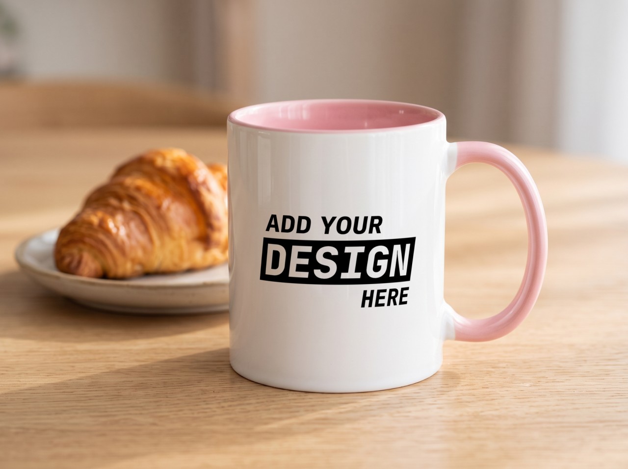 Pink Accent Mug Mockup on an Oak Table with a Croissant