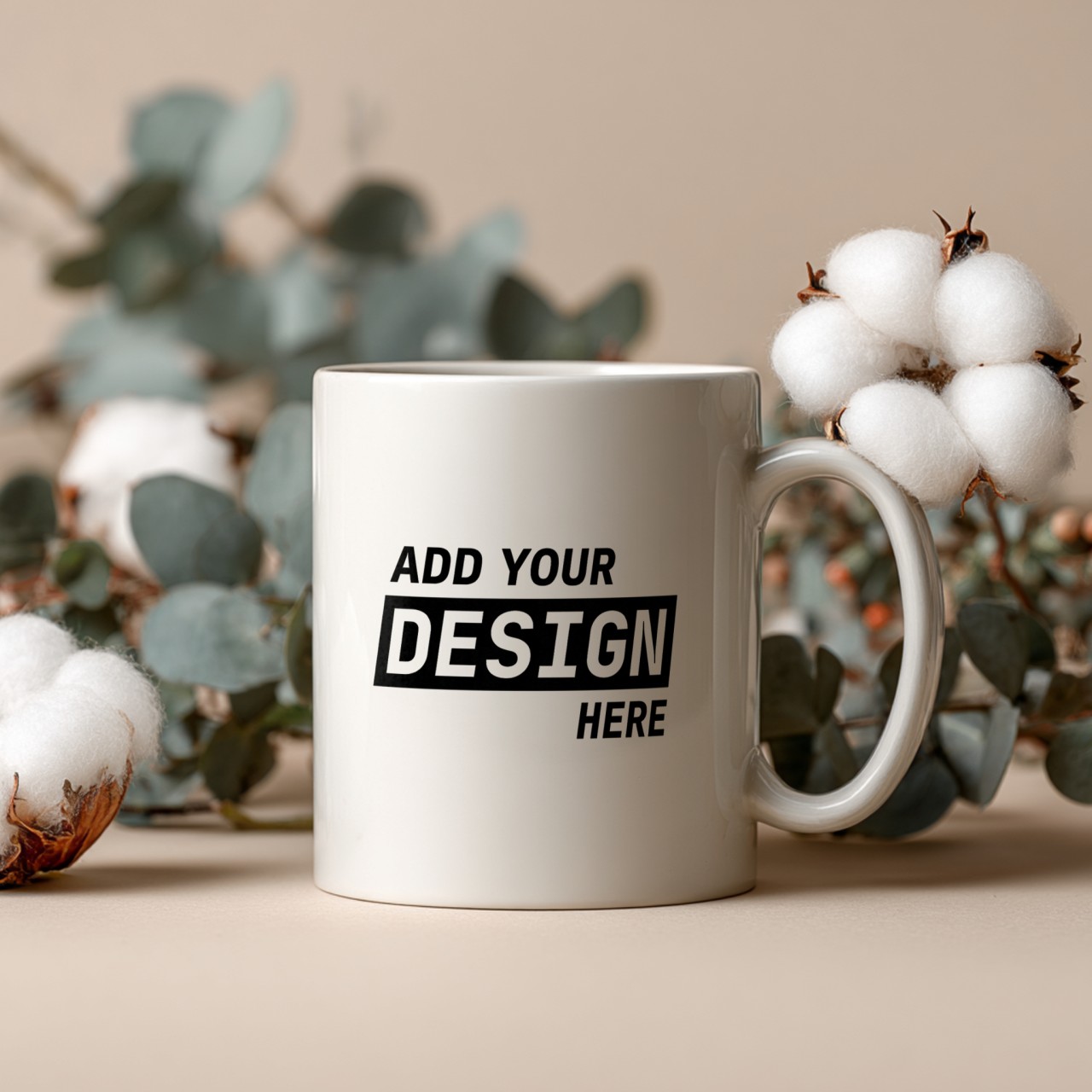 White Mug Mockup with Cotton Balls, Spa Style