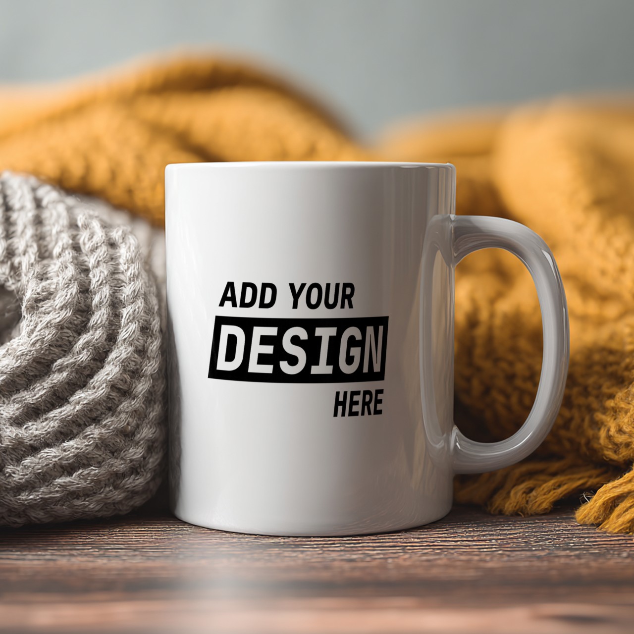 White Mug Mockup with Knit Scarves, Autumn Scene