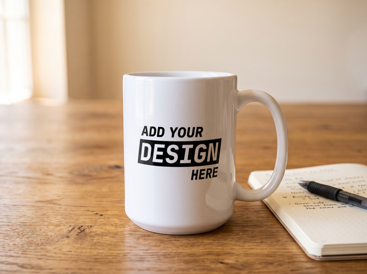 White Mug Mockup on a Wooden Desk with a Notebook