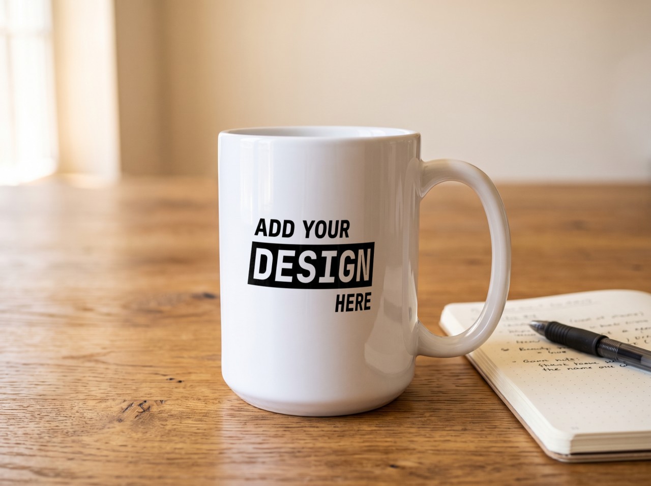 White Mug Mockup on a Wooden Desk with a Notebook