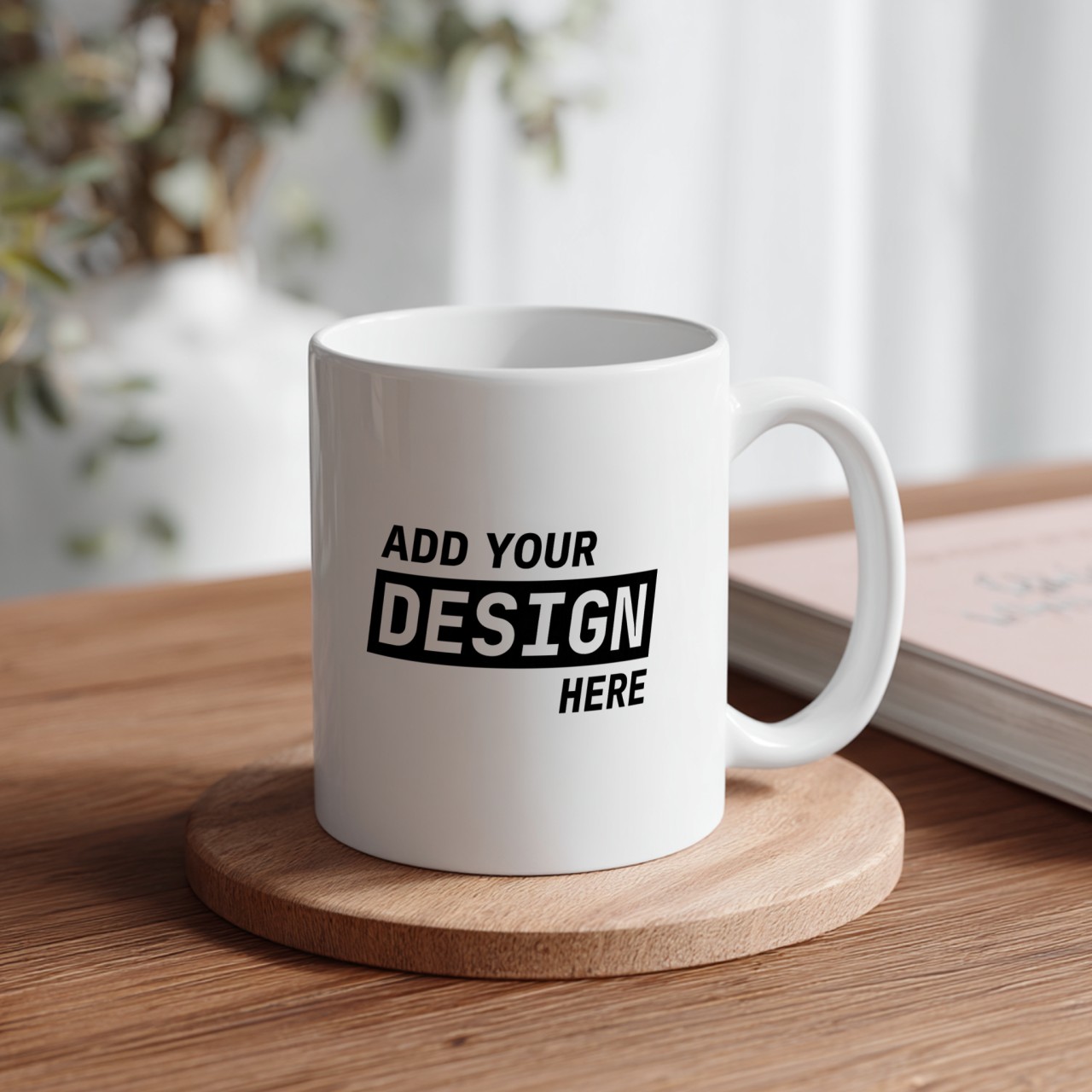 White Mug Mockup on Wooden Desk