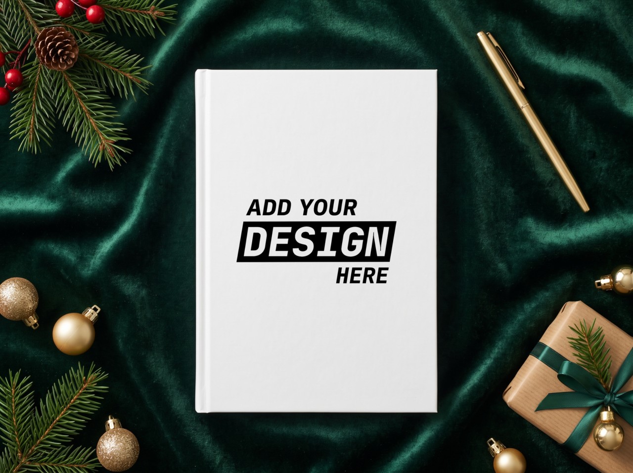 White Hardcover Notebook Christmas Mockup on Green Velvet with a Gold Pen