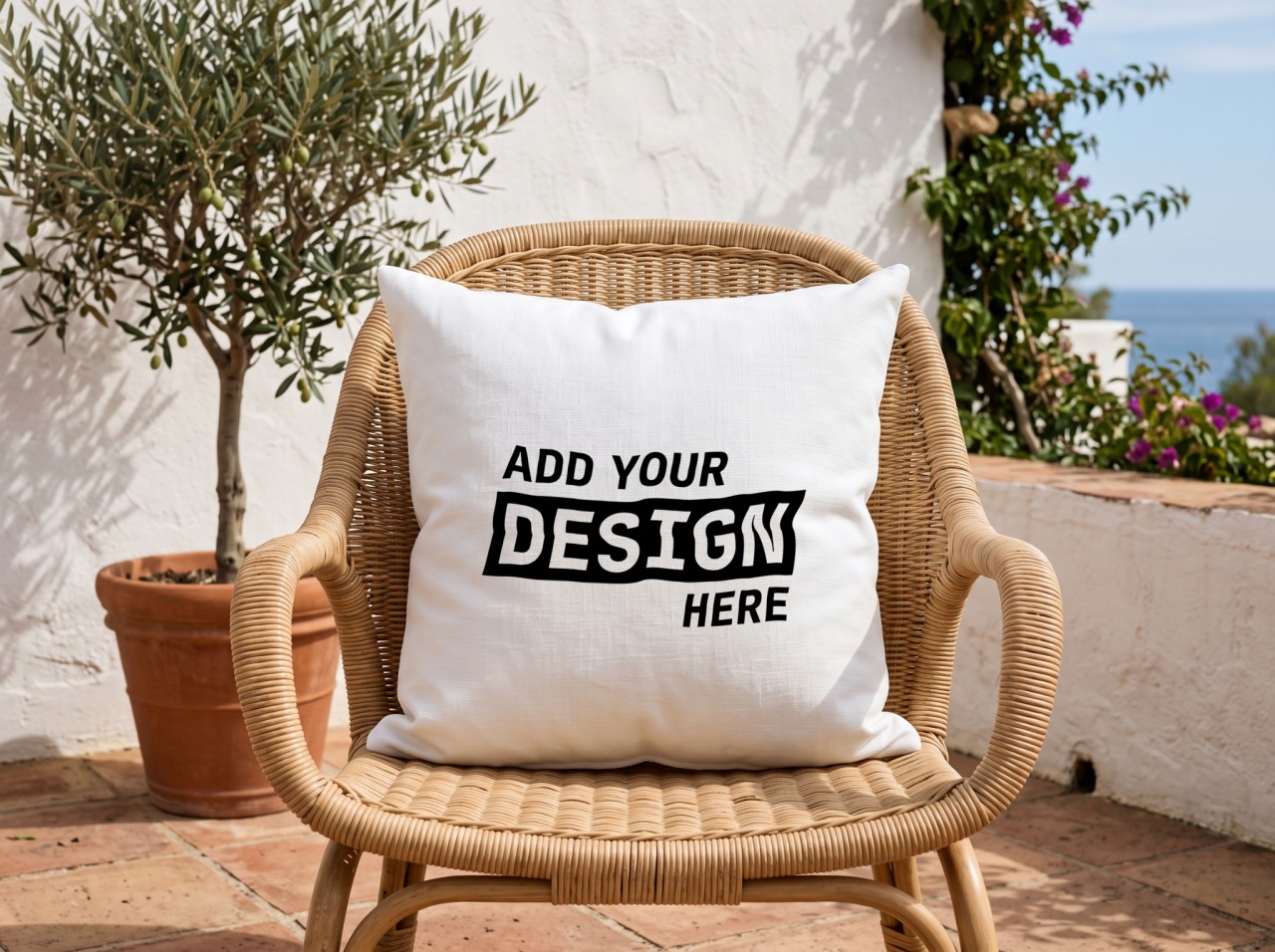 White Outdoor Pillow Mockup on a Rattan Chair on a Sunny Terrace