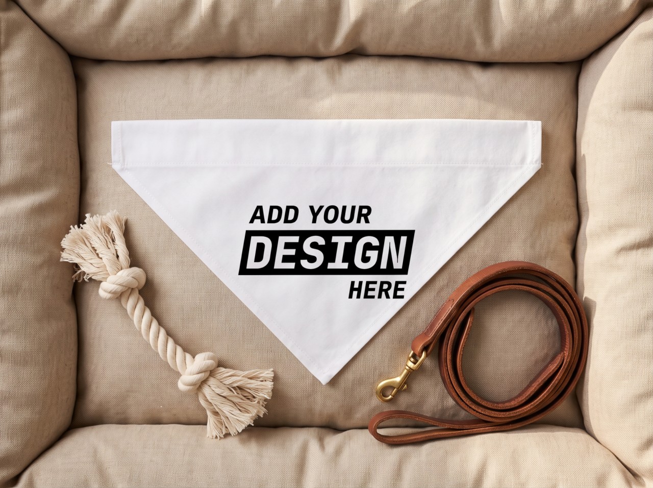 White Pet Bandana Mockup on a Dog Bed with a Rope Toy