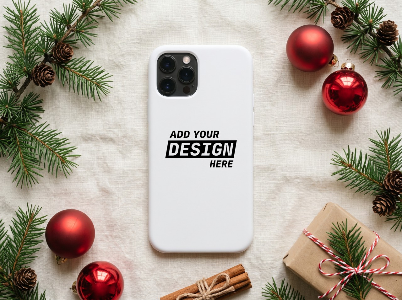 White Phone Case Christmas Mockup on Linen with Red Baubles and Pine