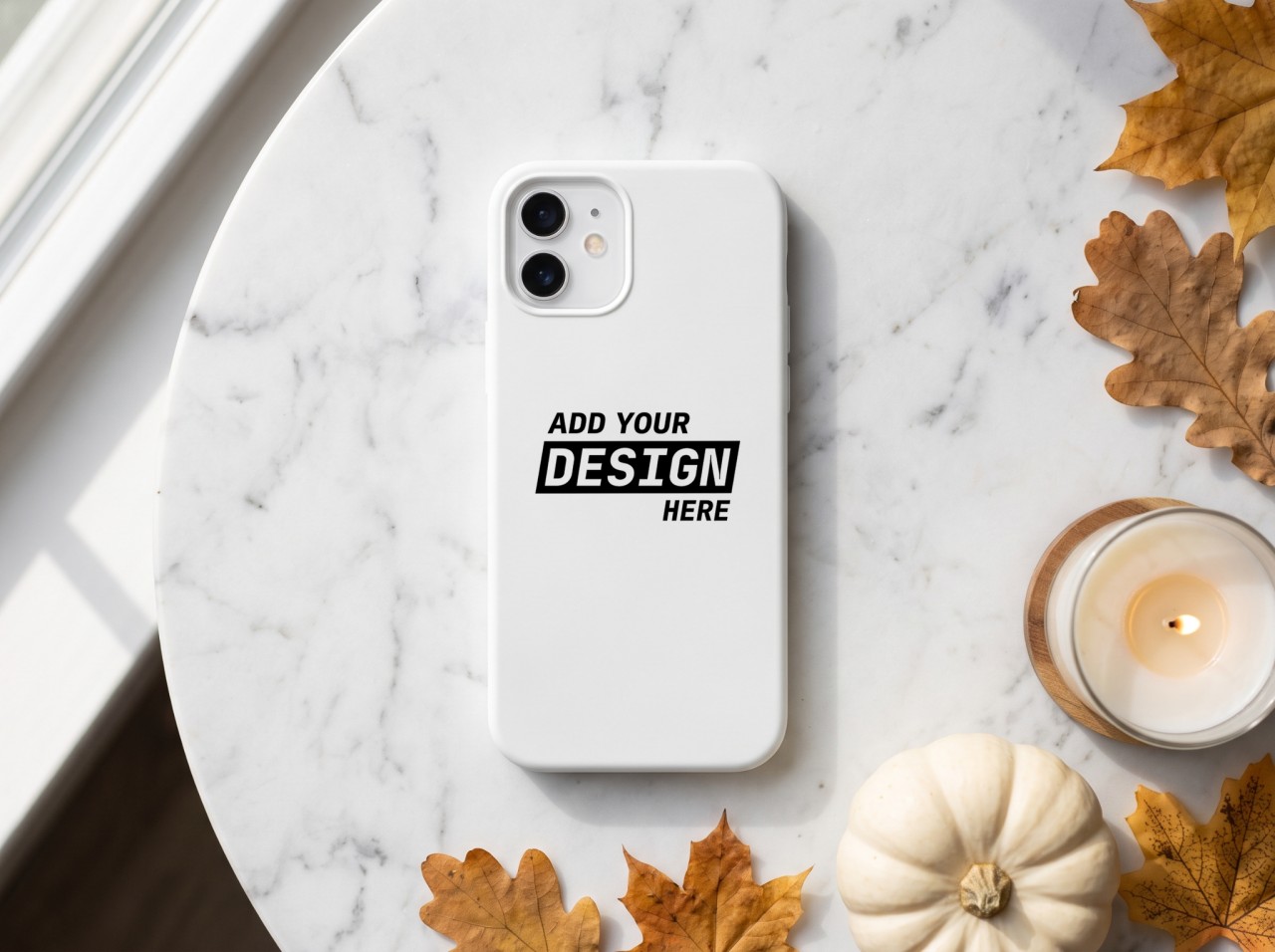 White Phone Case Halloween Mockup on Marble with a Pumpkin and Candle