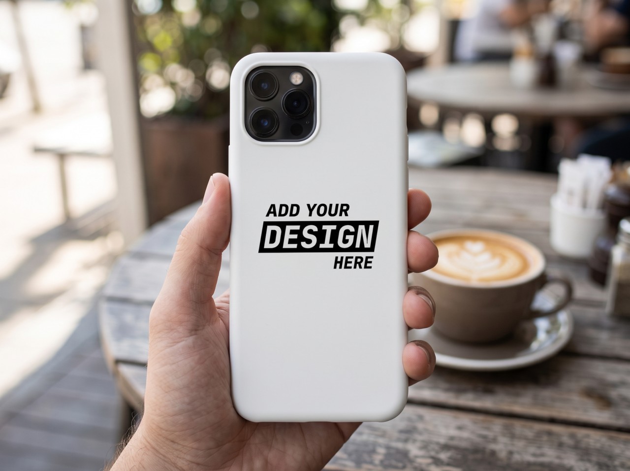 White Phone Case Mockup Held in a Hand at a Cafe