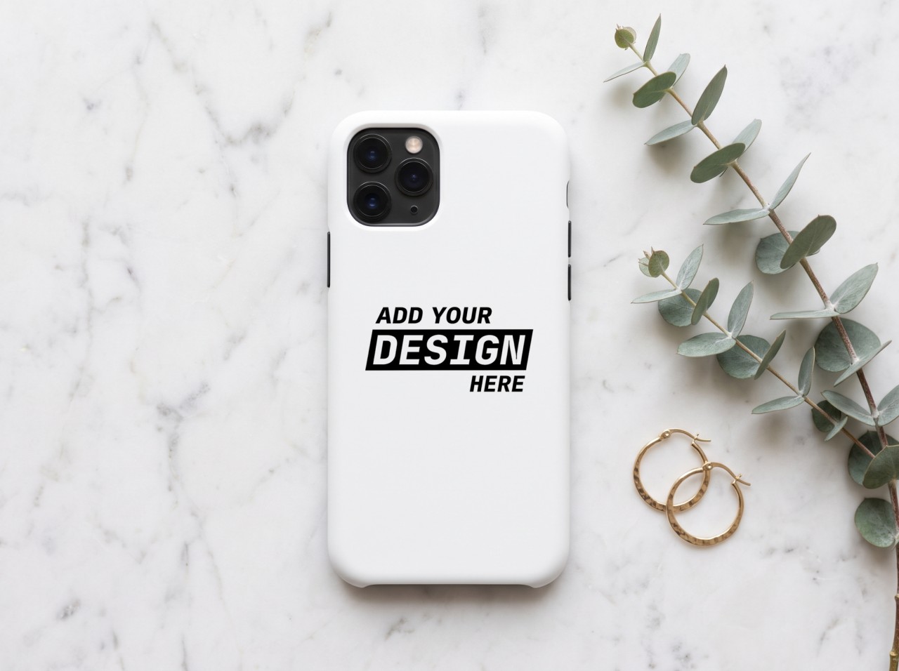 White Phone Case Mockup on Marble with Eucalyptus