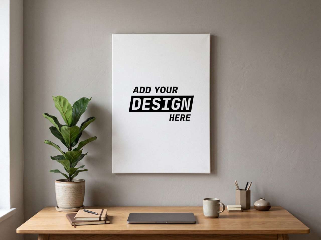 White Portrait Canvas Mockup above a Home Office Desk