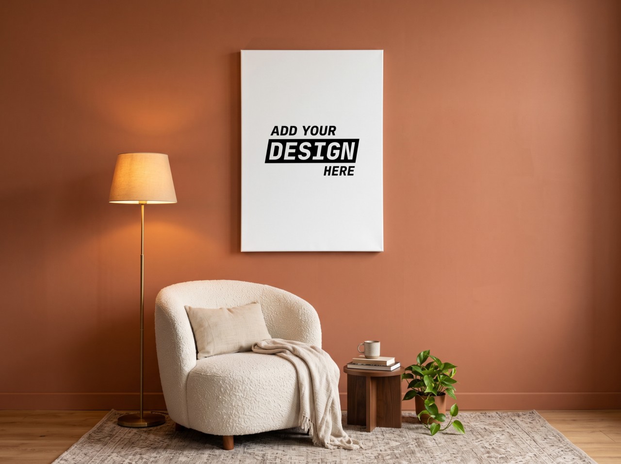 White Portrait Canvas Mockup in a Terracotta Reading Nook