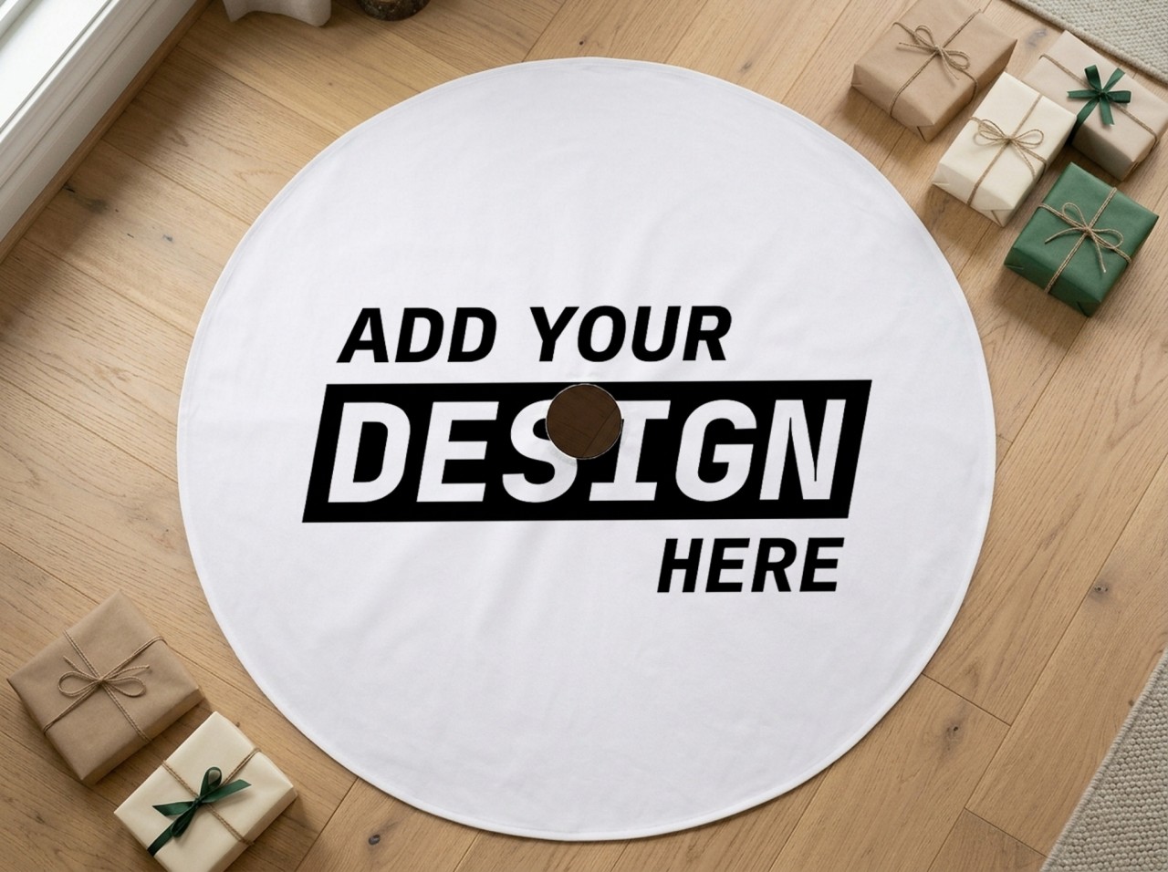 White Round Christmas Tree Skirt Mockup on an Oak Floor with Gifts