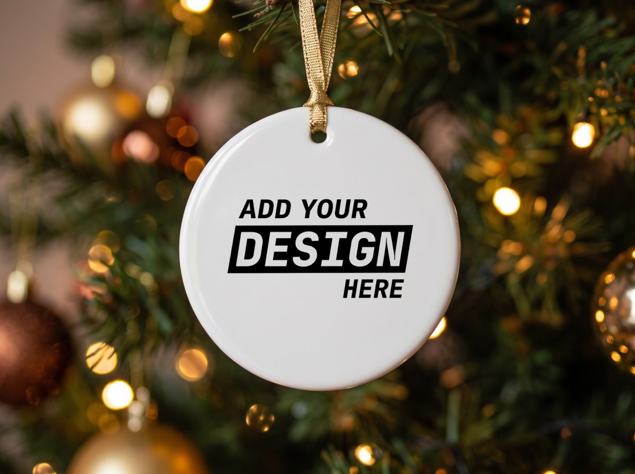 White Round Ornament Mockup with a Gold Ribbon on a Lit Tree
