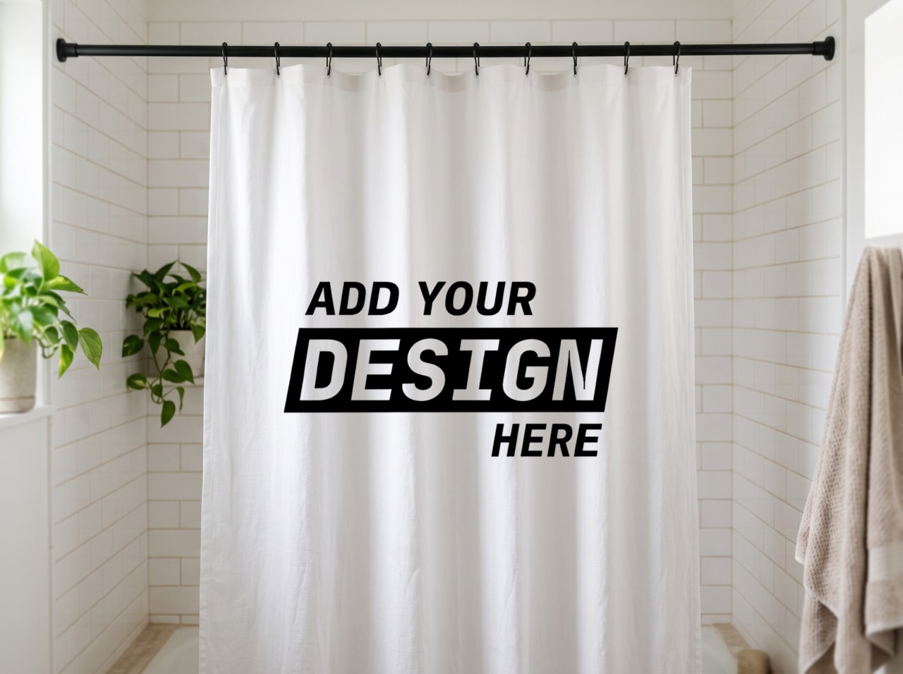 White Shower Curtain Mockup in a Subway Tile Bathroom
