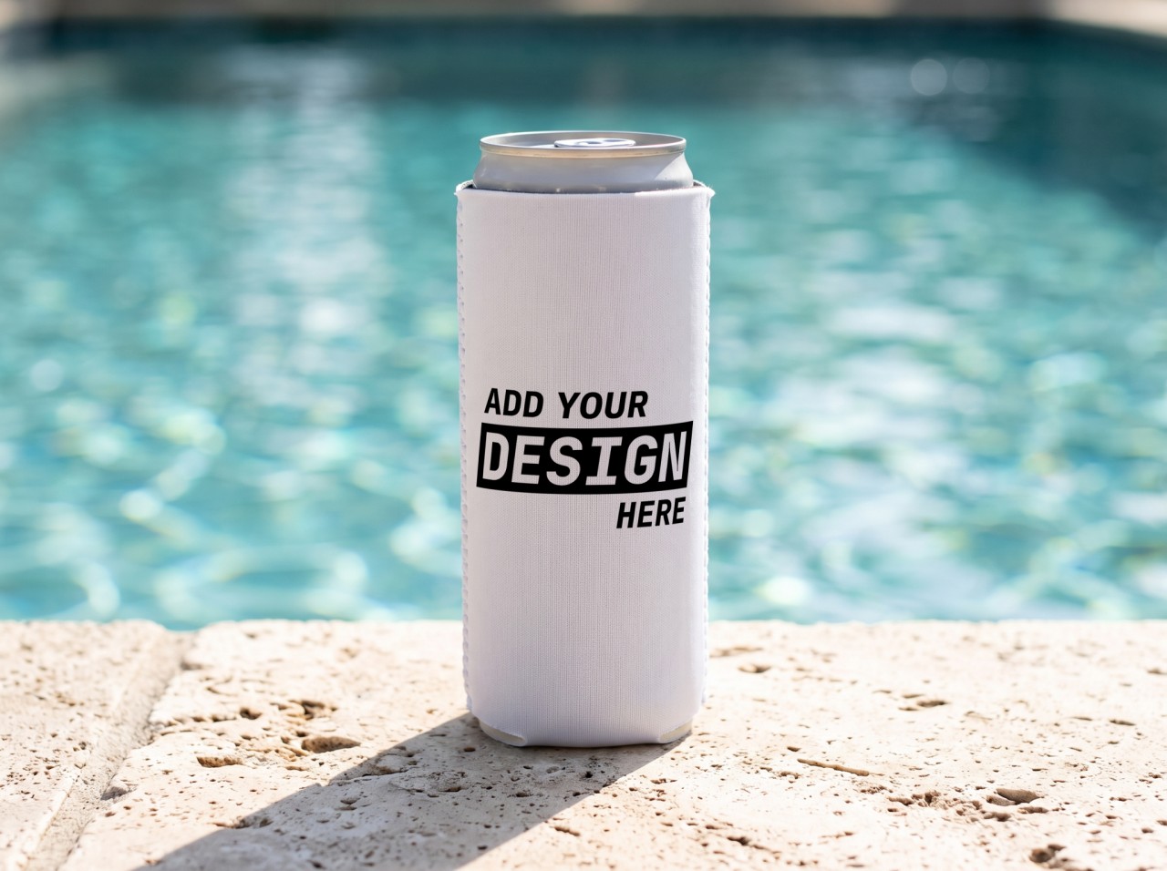 White Slim Can Cooler Mockup by a Swimming Pool