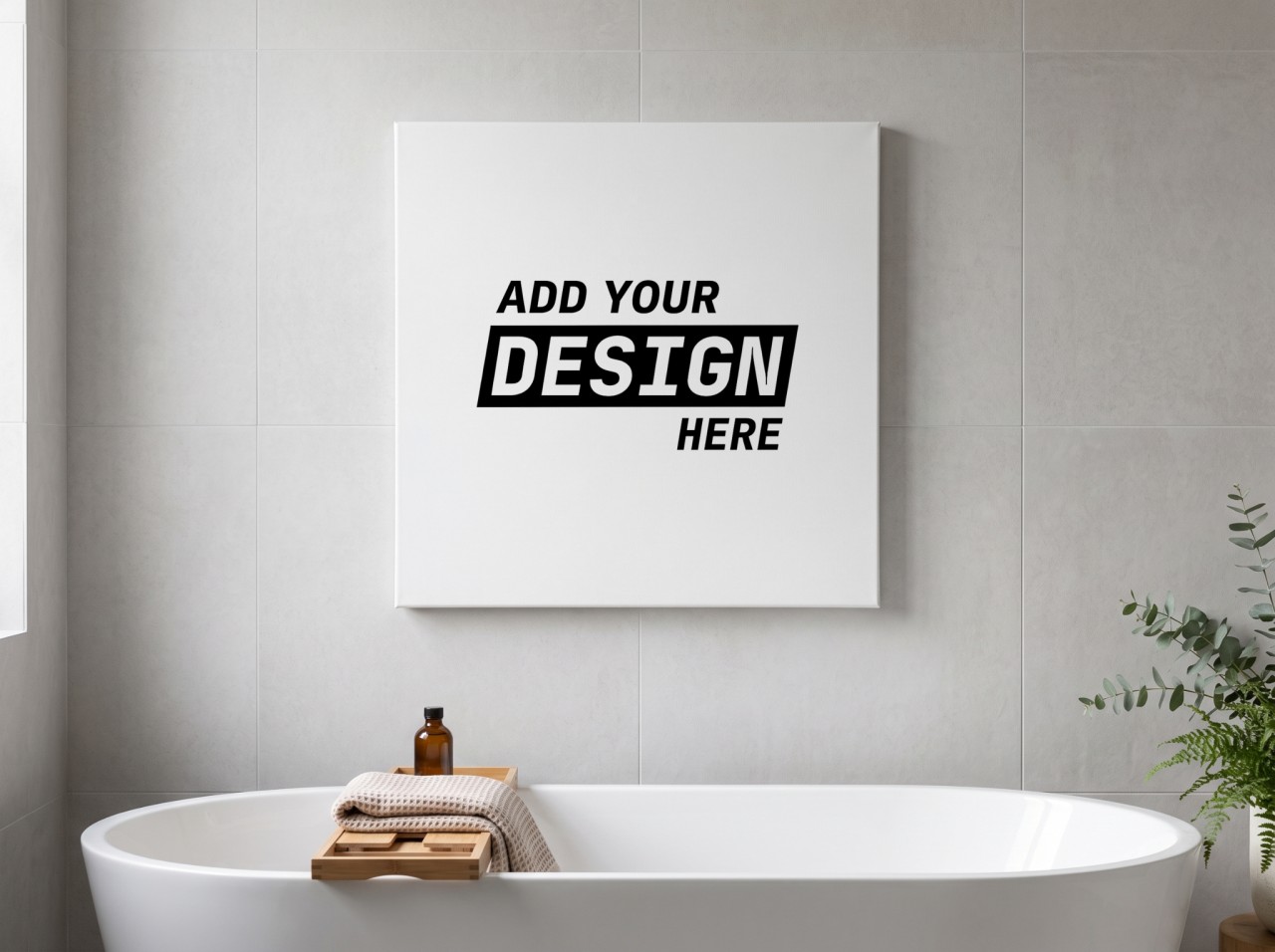 White Square Canvas Mockup above a Freestanding Bathtub