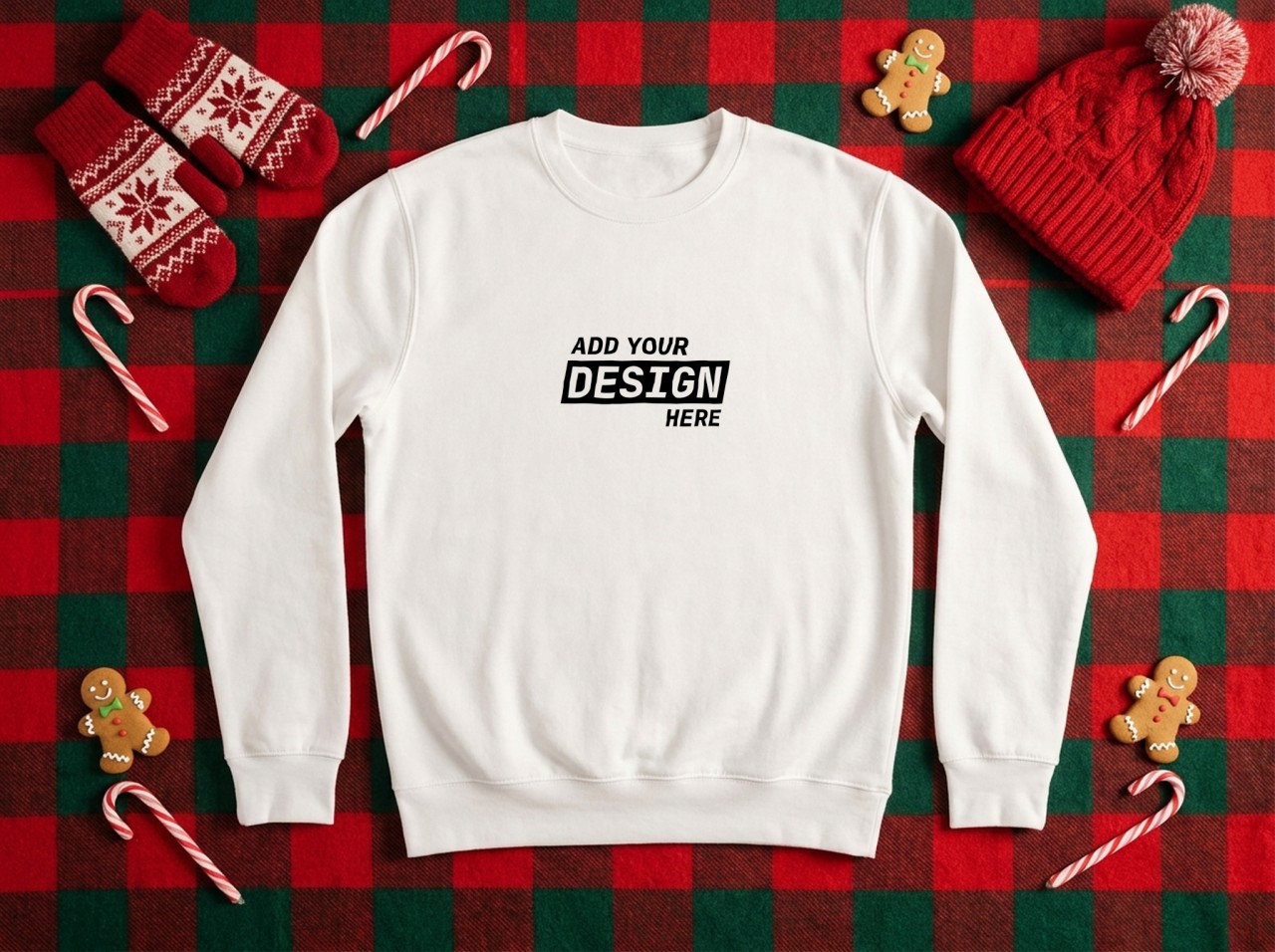White Sweatshirt Christmas Mockup Flat Lay on Buffalo Plaid with Knit Mittens