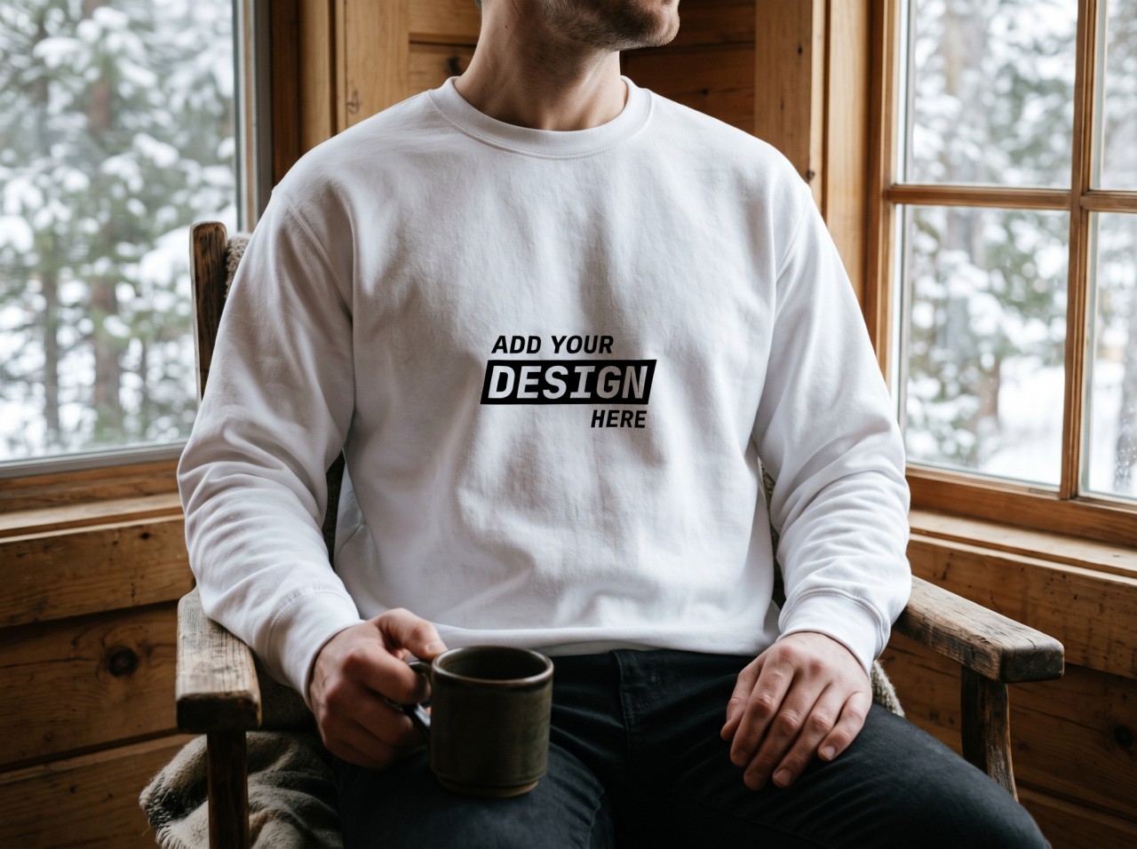 White Sweatshirt Mockup on a Man in a Snowy Cabin