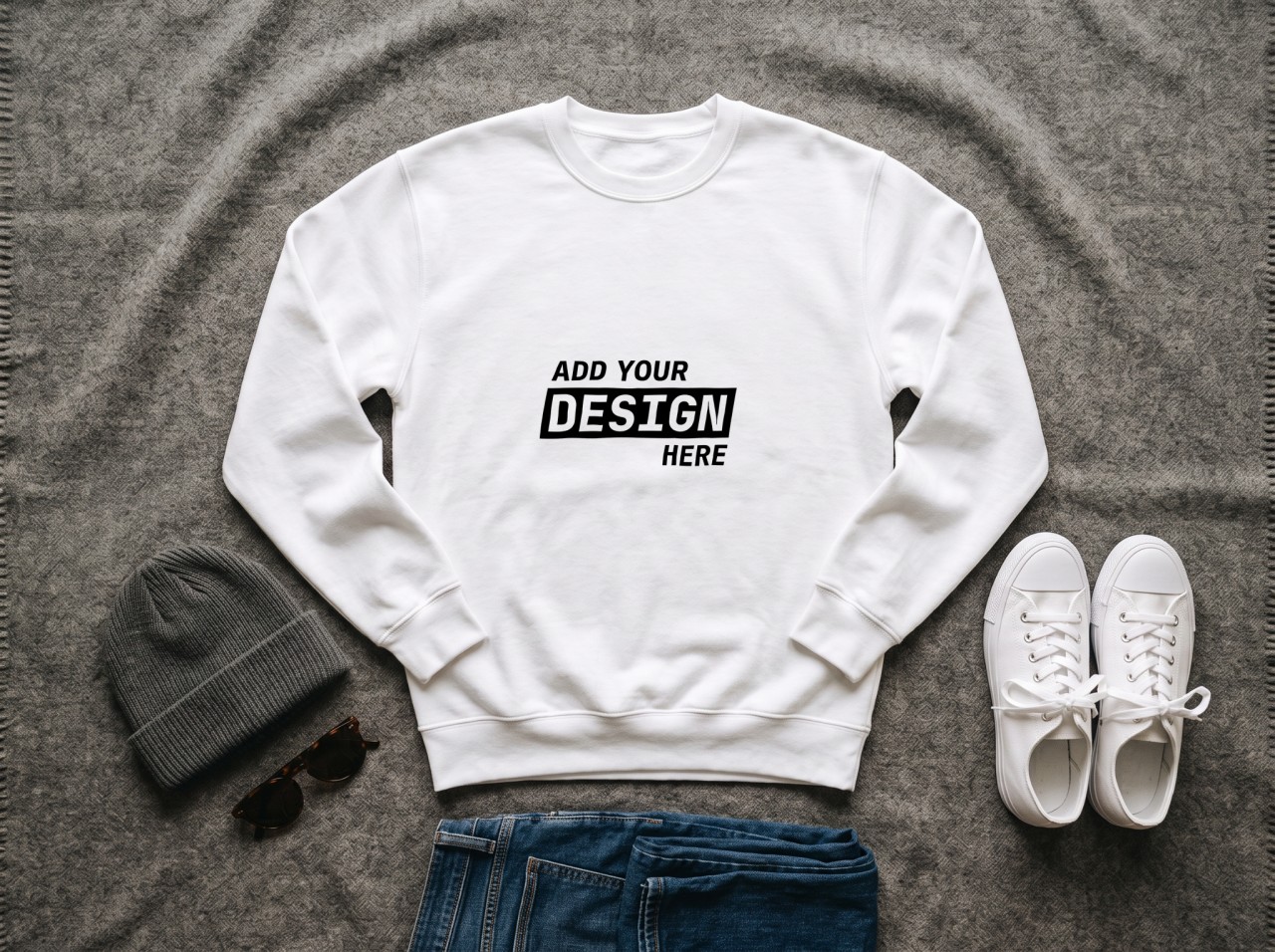 White Sweatshirt Outfit Flat Lay Mockup with Jeans and Sneakers