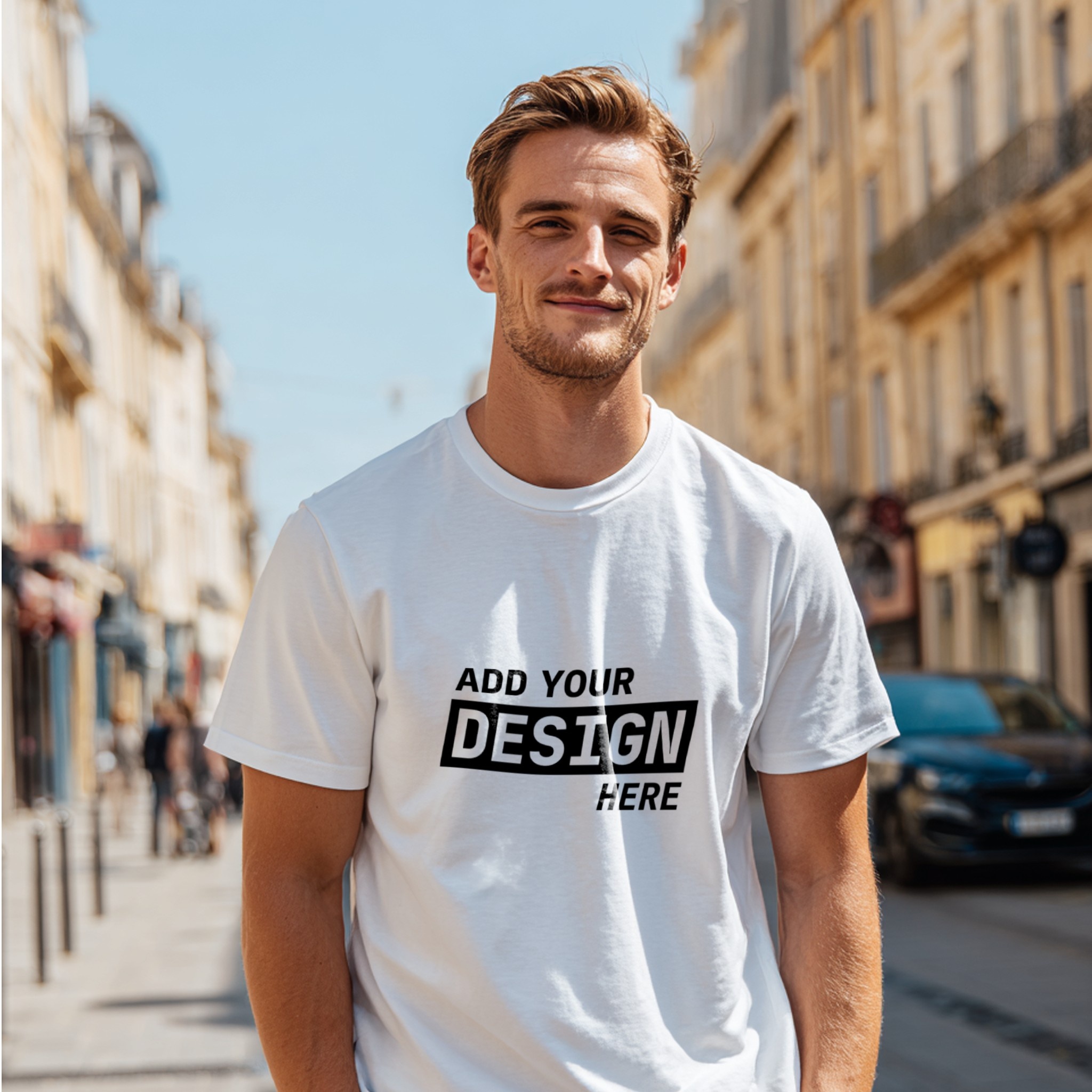 White T-Shirt Mockup Man Street Front View