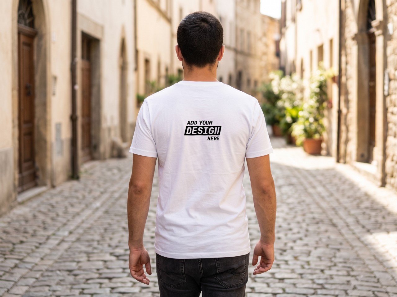 White T-Shirt Back Mockup on a Man Walking down a Cobblestone Street