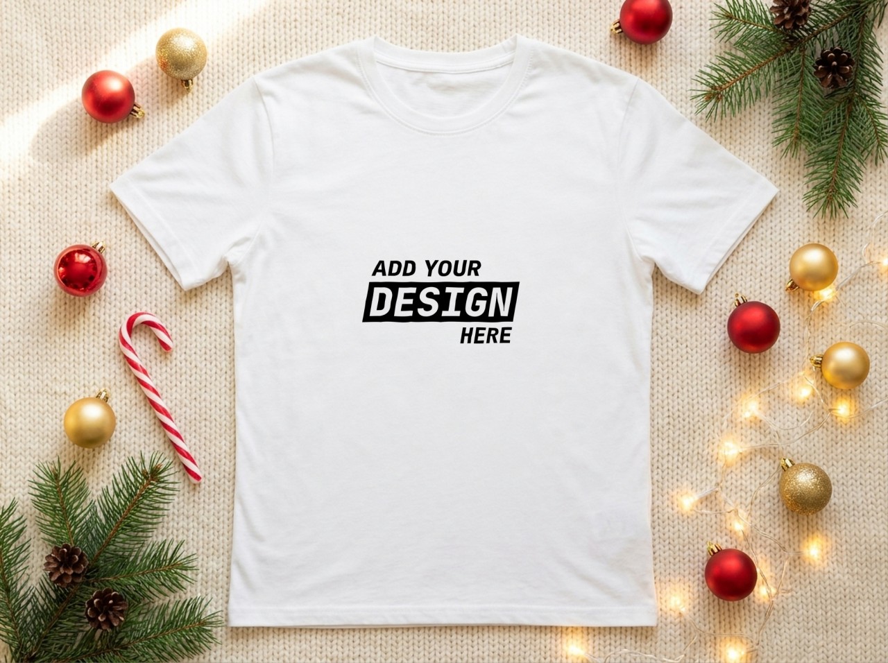 White T-Shirt Christmas Mockup Flat Lay on a Knit Blanket with Baubles
