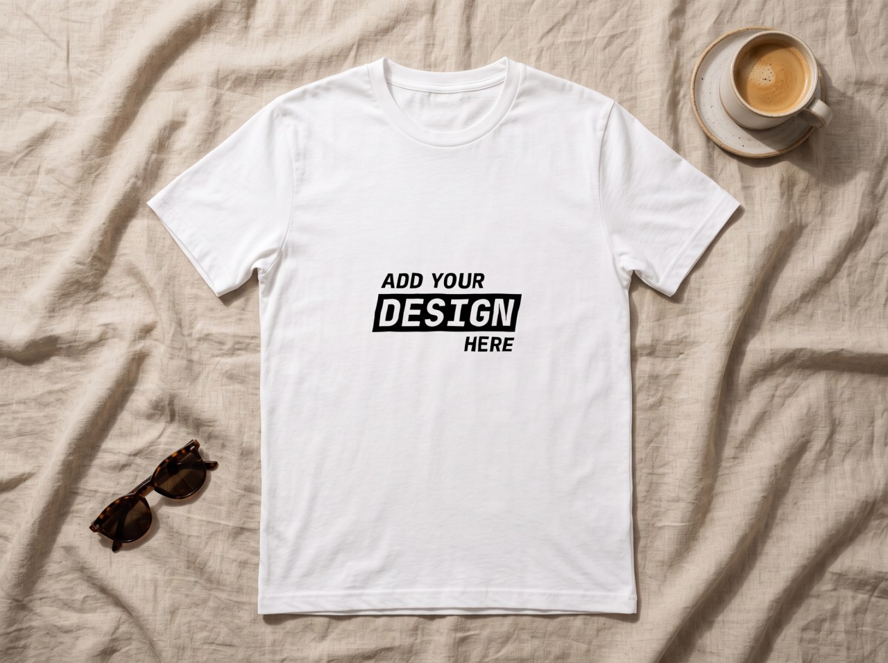 White T-Shirt Mockup Flat Lay on Beige Linen with Coffee
