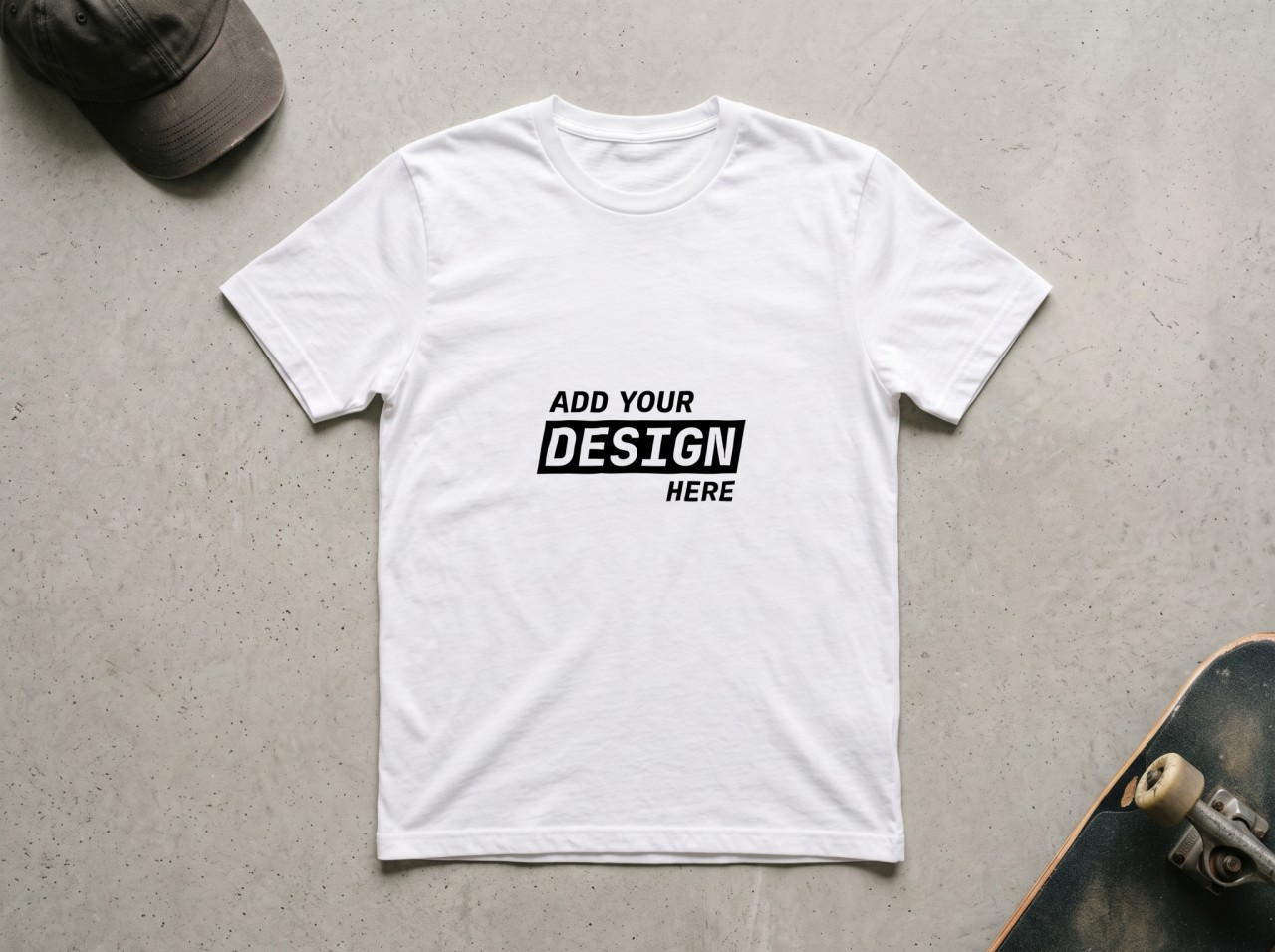 White T-Shirt Mockup Flat Lay on Concrete with a Skateboard