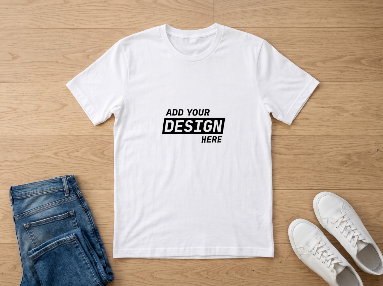 White T-Shirt Mockup Flat Lay with Jeans and Sneakers