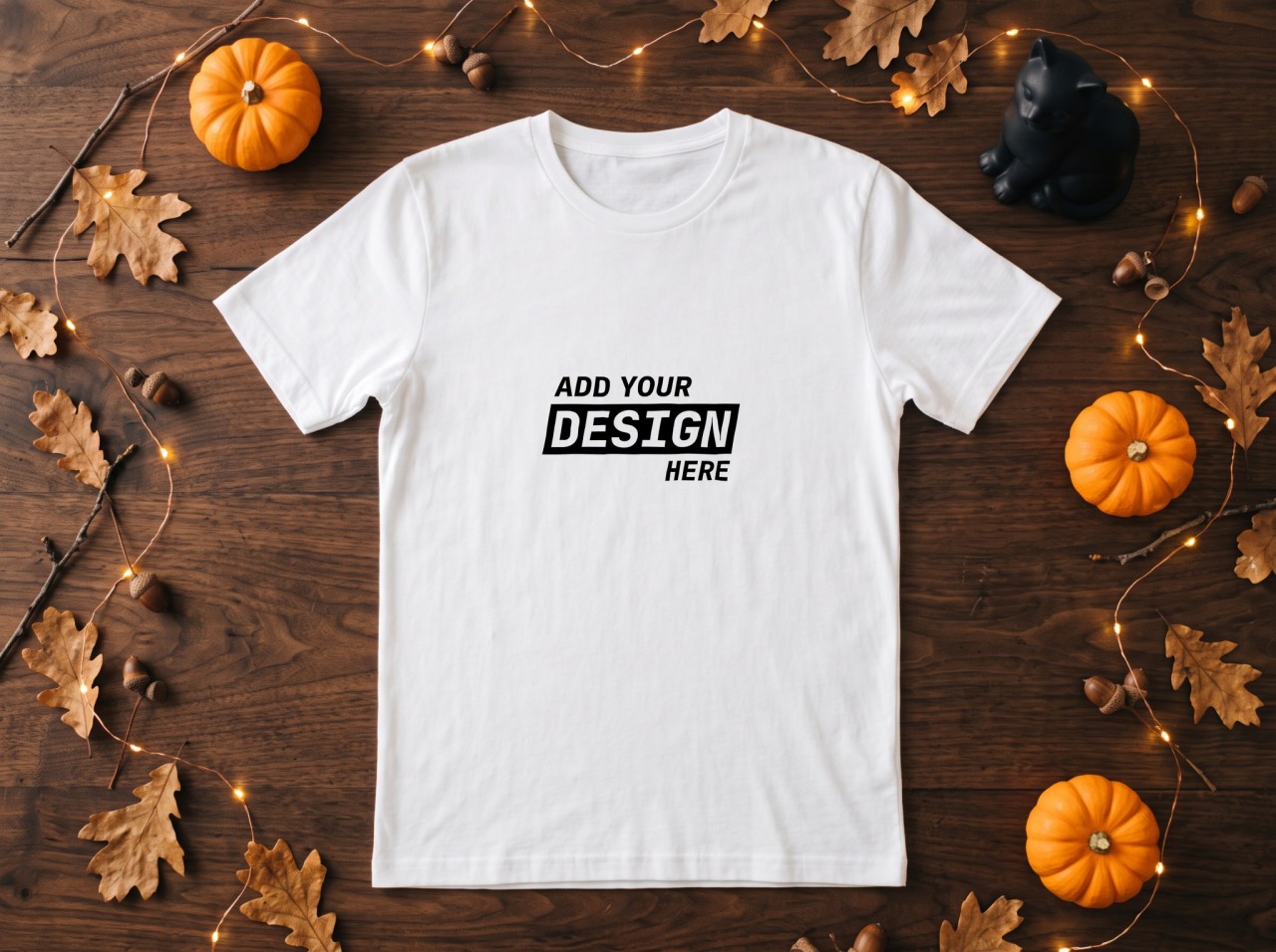 White T-Shirt Halloween Mockup Flat Lay with Black Cat and Pumpkins
