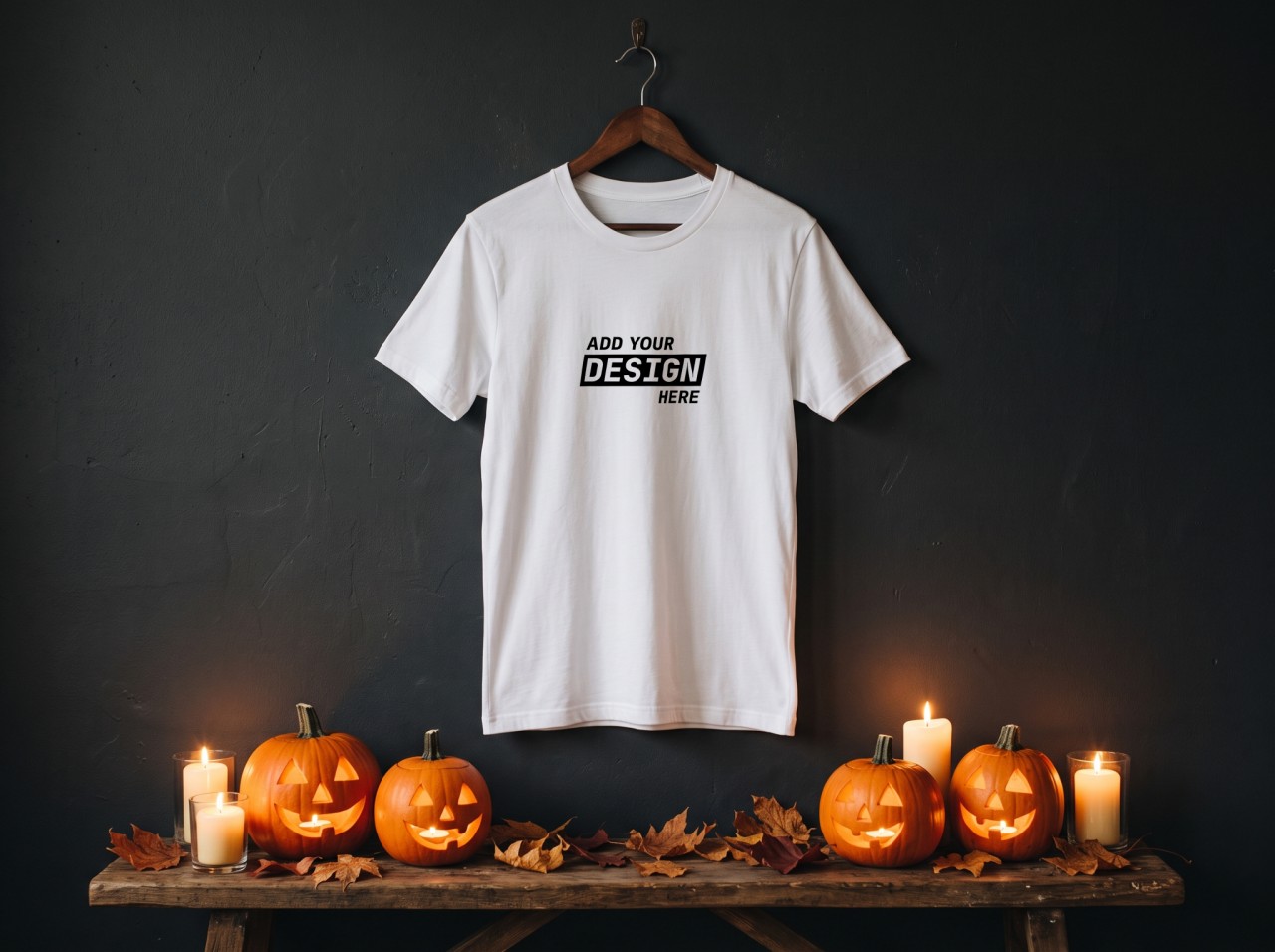 White T-Shirt Halloween Mockup on a Hanger with Pumpkins and Candles