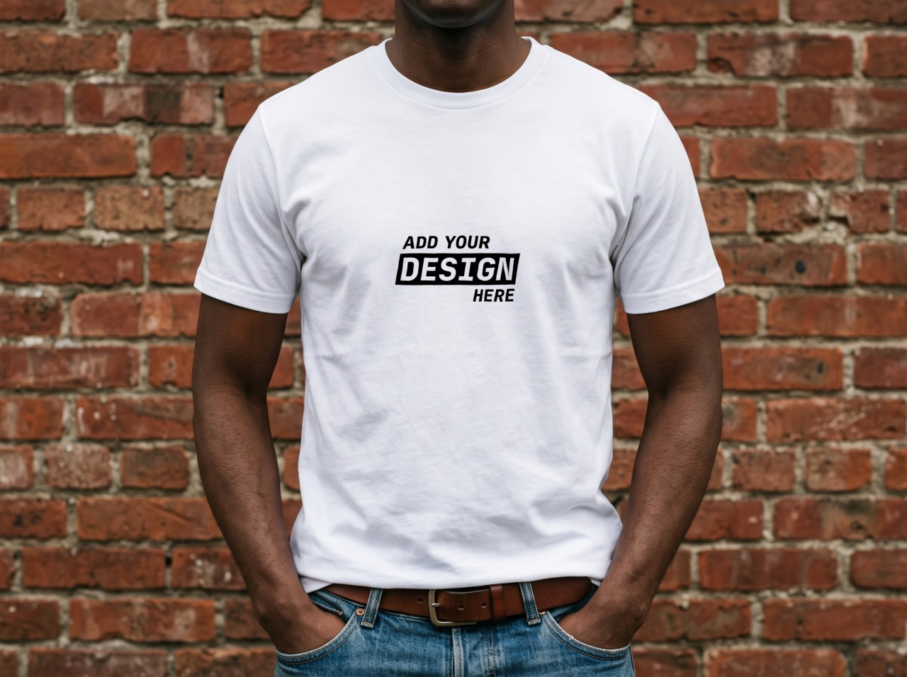 White T-Shirt Mockup on a Man against a Red Brick Wall