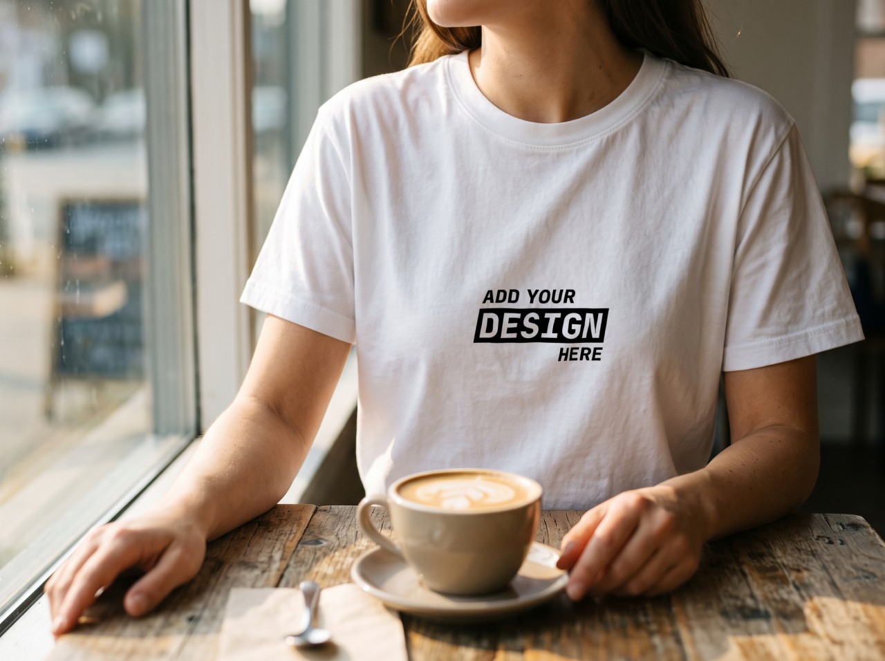 White T-Shirt Mockup on a Woman at a Cafe Window with a Latte