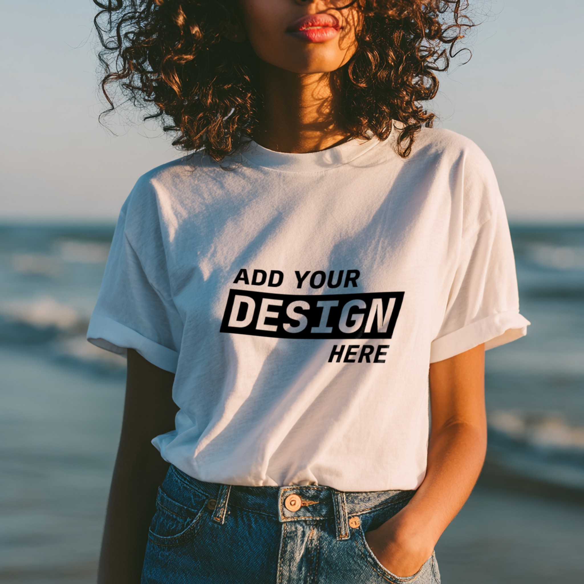White T-Shirt Mockup Woman at Sunset Seafront