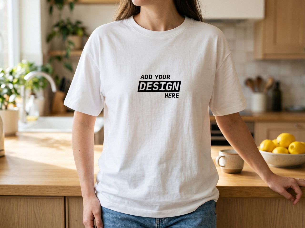 White T-Shirt Mockup on a Woman in a Bright Oak Kitchen