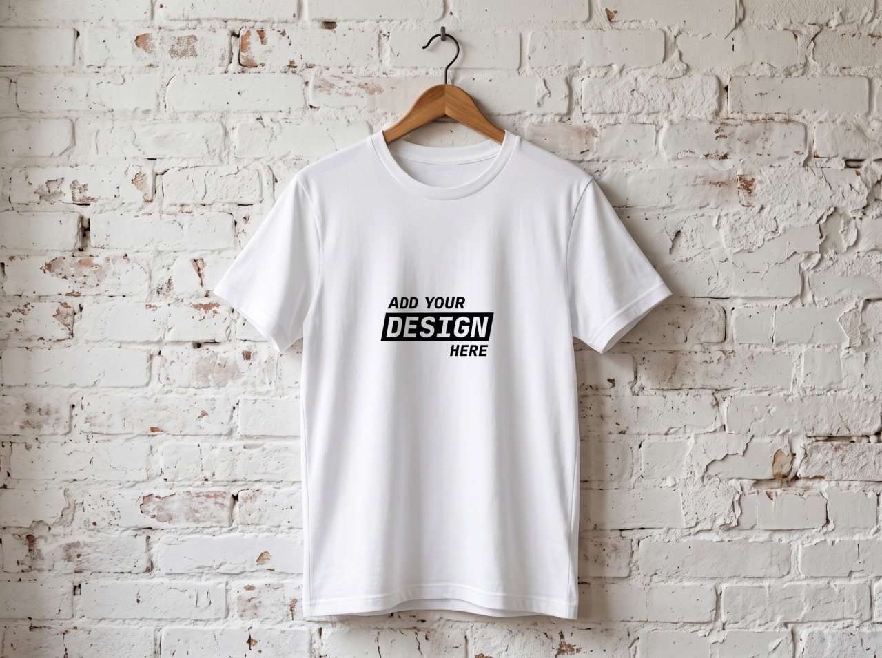 White T-Shirt Mockup on a Wooden Hanger against White Brick