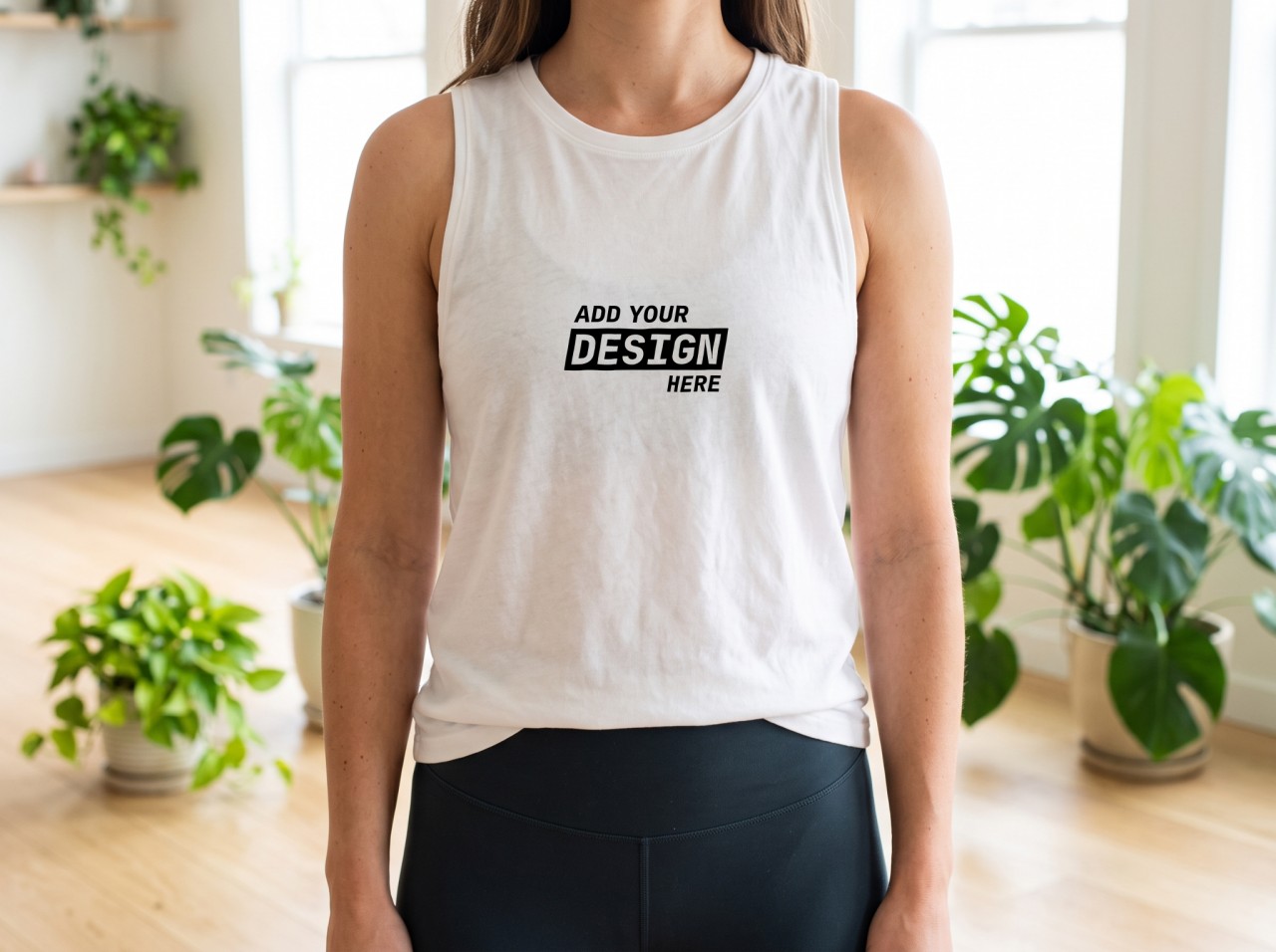 White Tank Top Mockup on a Woman in a Bright Yoga Studio