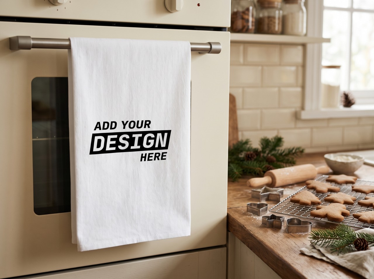 White Tea Towel Christmas Mockup on an Oven with Gingerbread Cookies