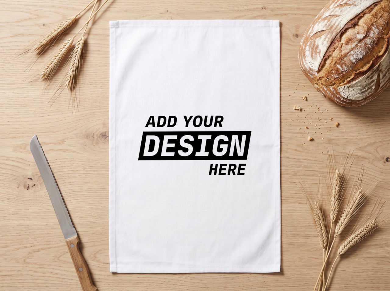 White Tea Towel Mockup Flat Lay with Sourdough and Wheat