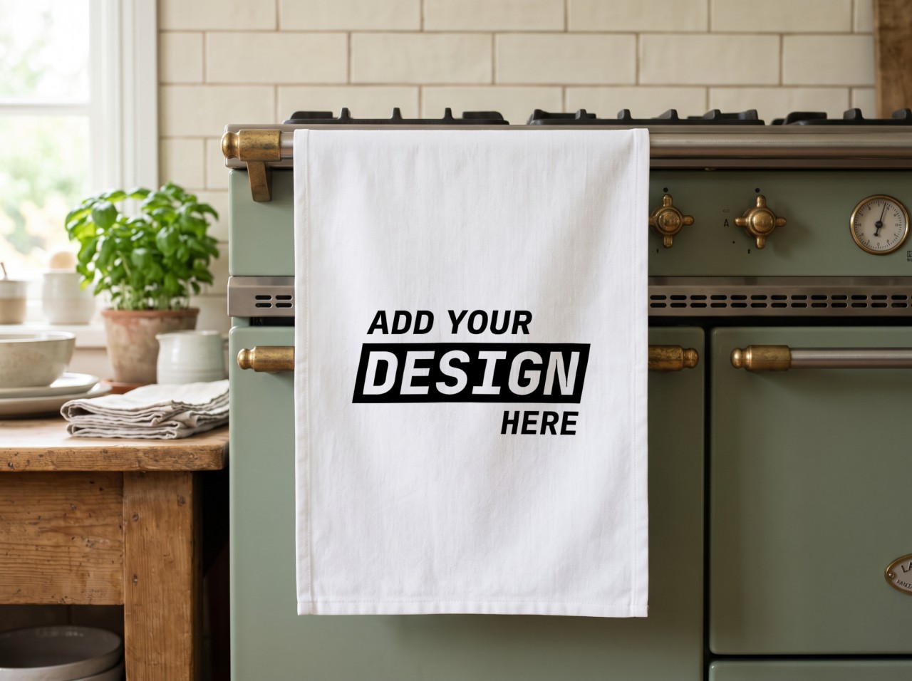 White Tea Towel Mockup on a Sage Green Oven