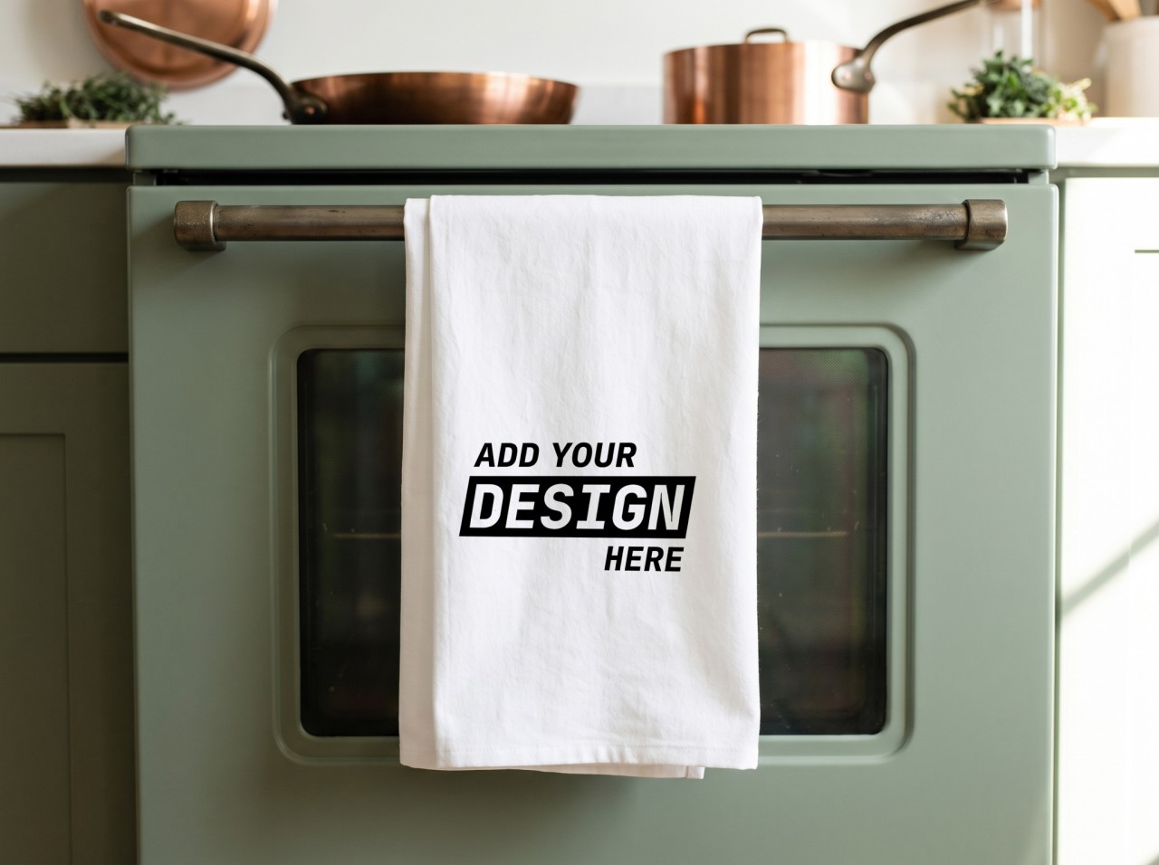 White Tea Towel Mockup Hanging on a Sage Green Oven