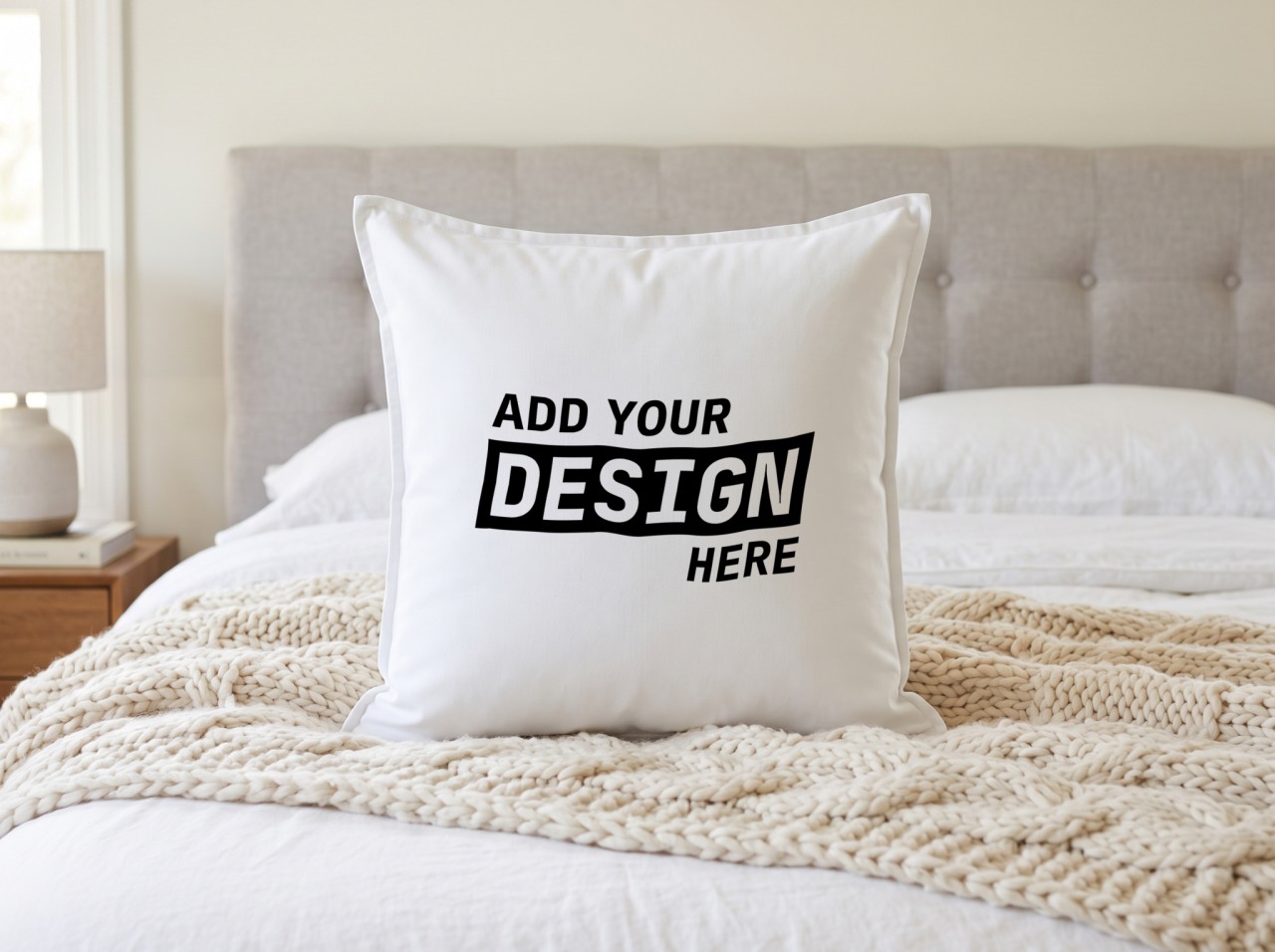 White Pillow Mockup on a Bed with Knit Blanket