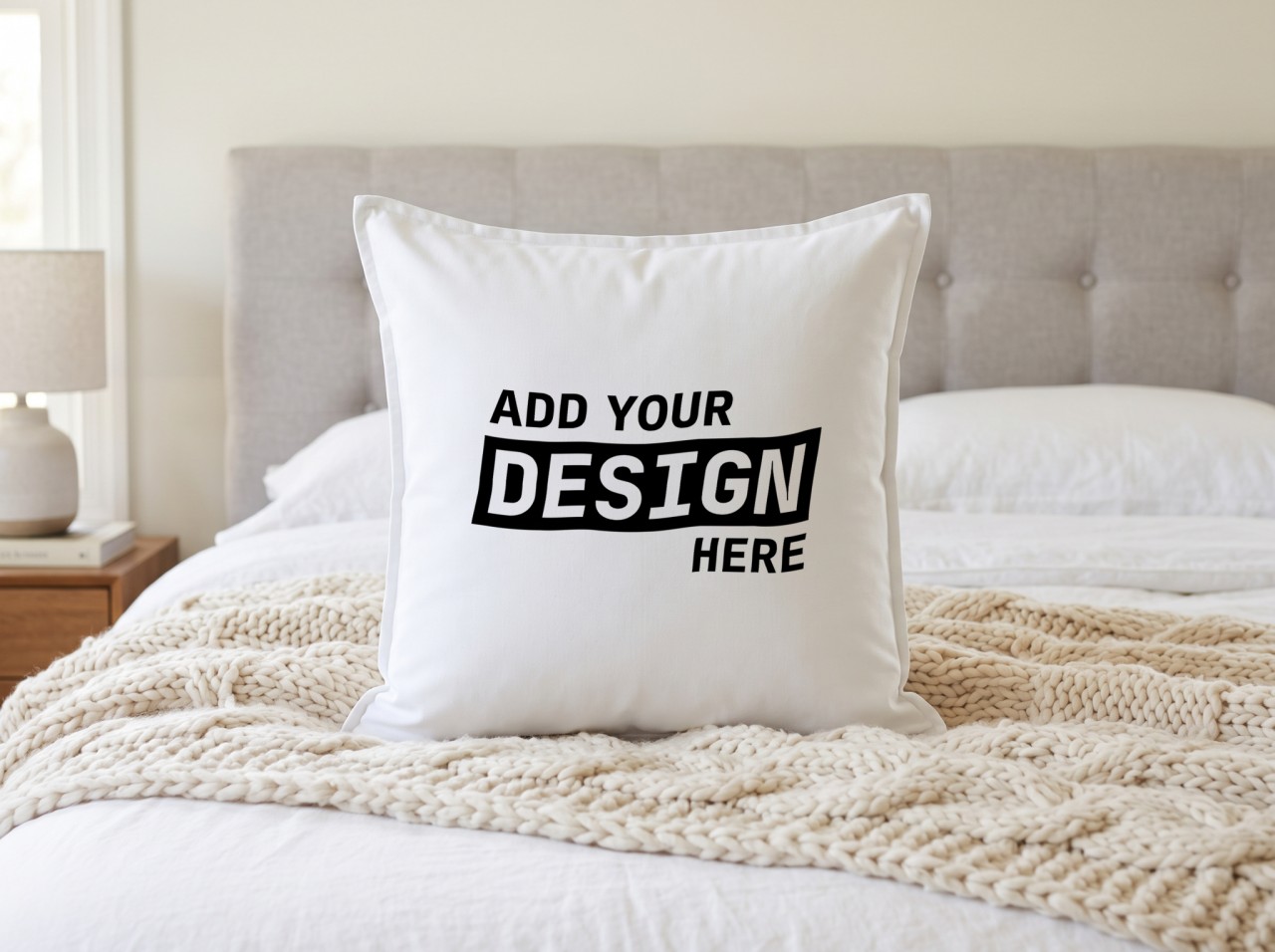 White Pillow Mockup on a Bed with Knit Blanket