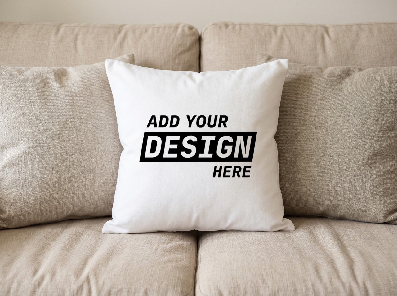 White Throw Pillow Mockup on a Beige Linen Sofa