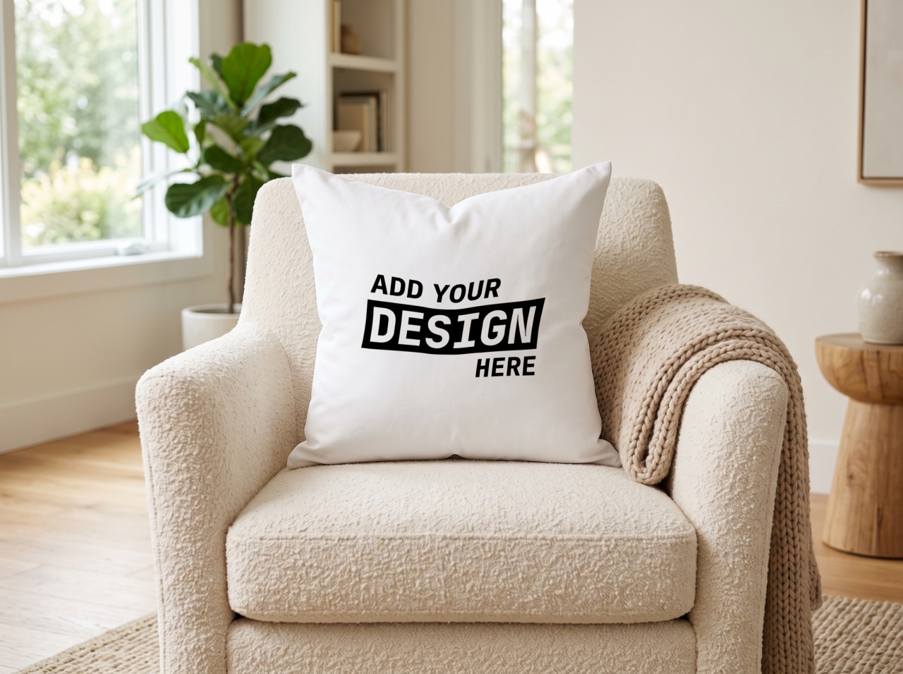 White Throw Pillow Mockup on a Boucle Armchair