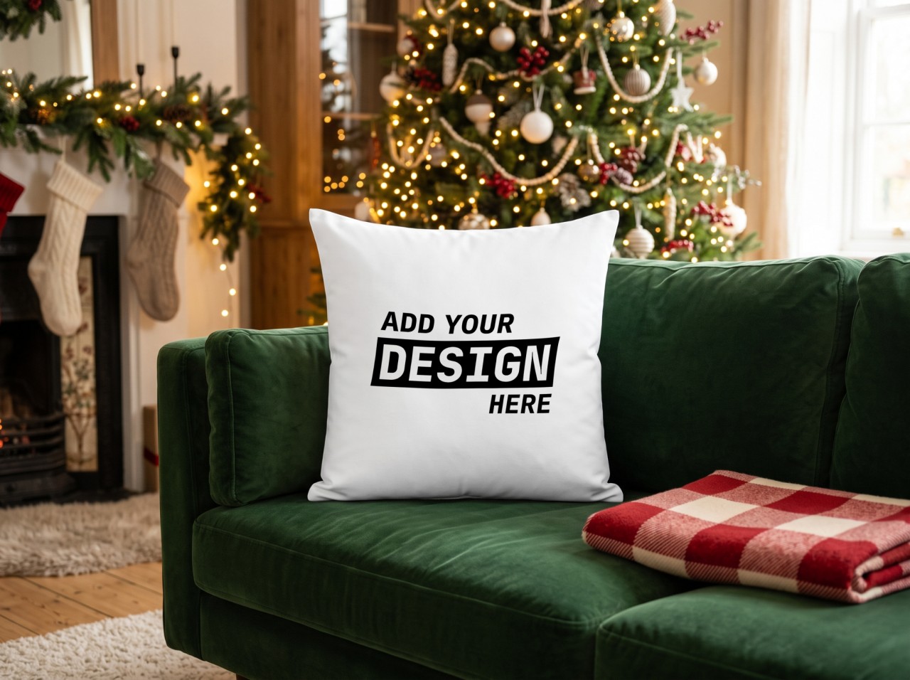 White Throw Pillow Christmas Mockup on a Green Velvet Sofa