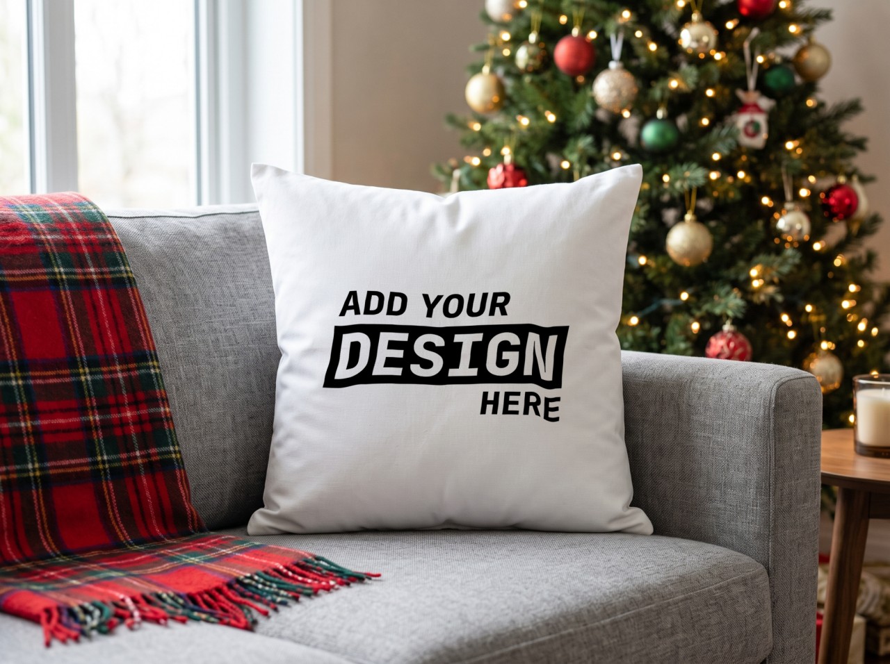 White Throw Pillow Mockup on a Grey Sofa by a Christmas Tree